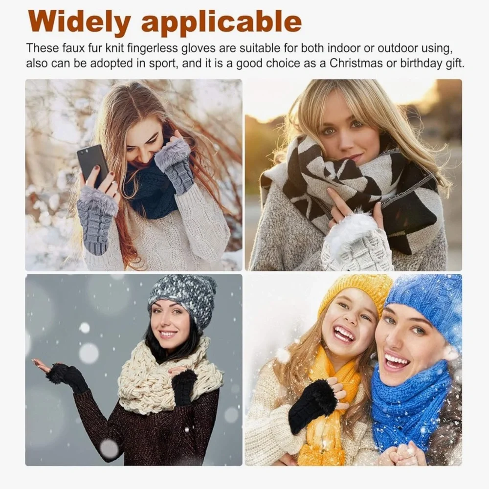 🆕 3 Pairs Fingerless Winter Gloves Faux Fur Crochet Warm Fingerless Gloves